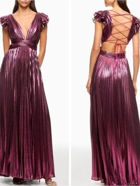 Ieena for Mac Duggal Ruffle Sleeve Metallic Gown Plum Pleated Gown